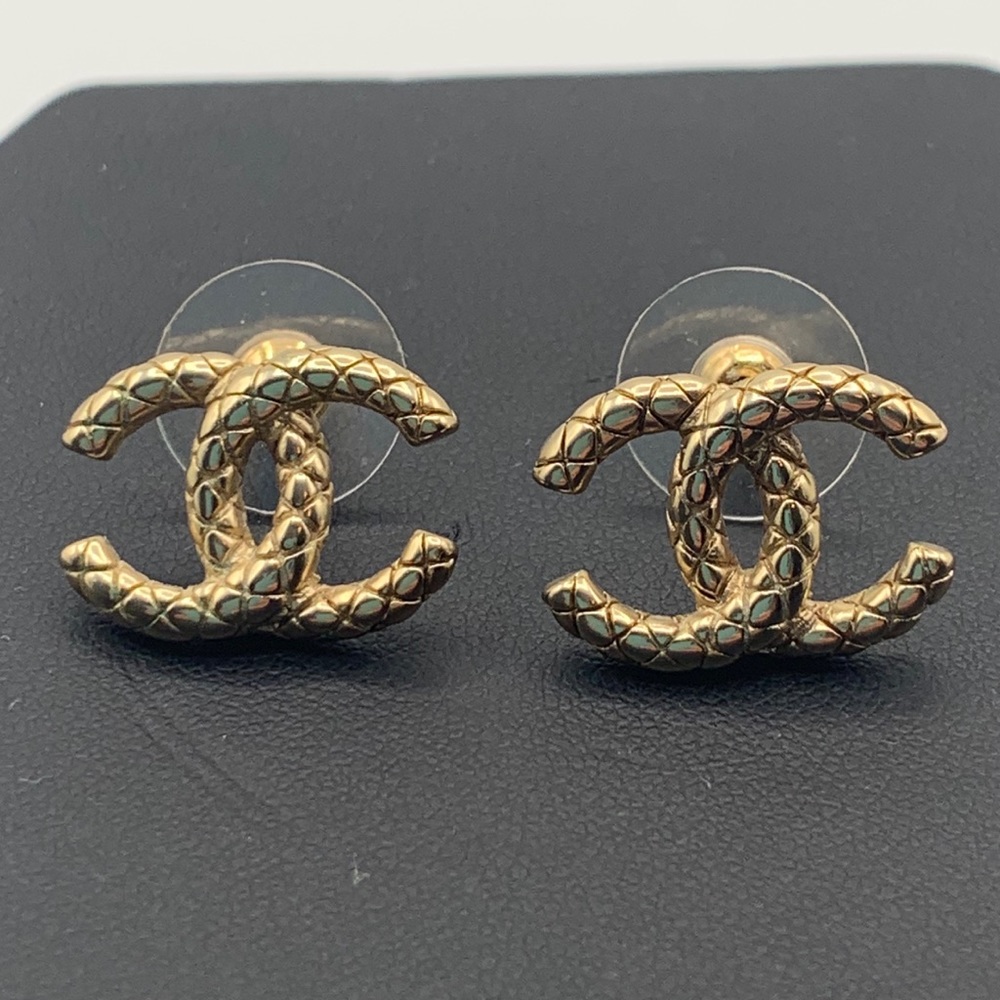 Authentic CHANEL Quilted Gold tone Logo Earrings